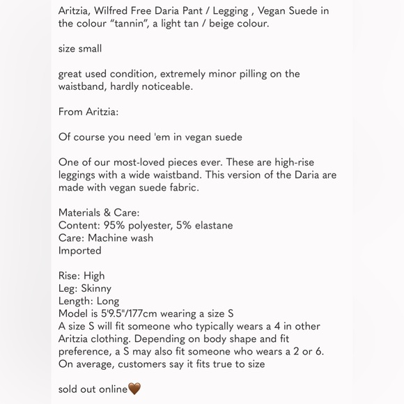Aritzia Wilfred Daria Free Tannin Leggings size small - Picture 7 of 7